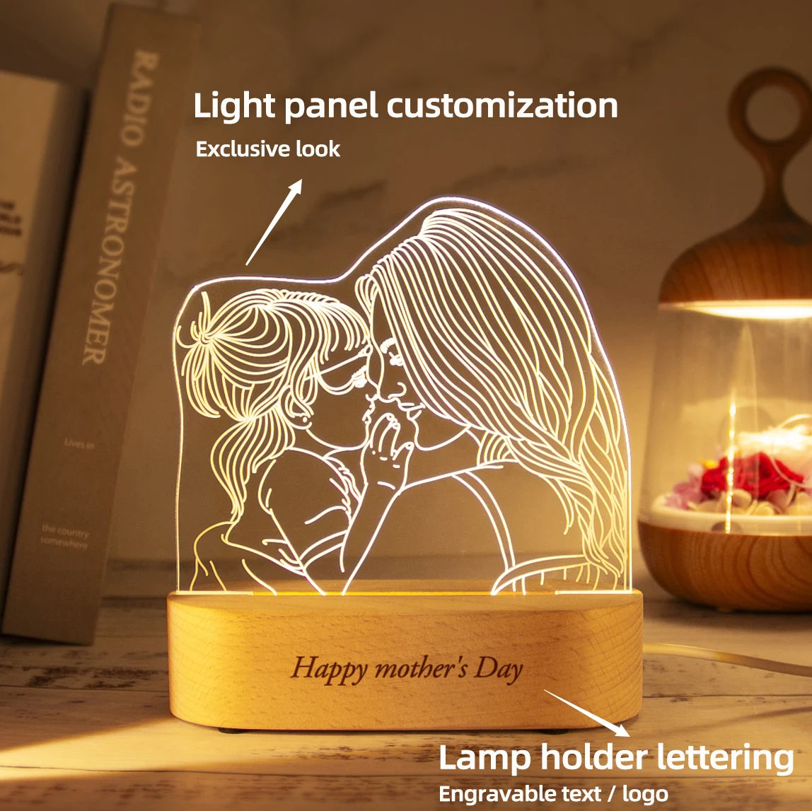 Dropshipping Personalized Acrylic Lamp Customized Photo Text Night Light USB Wooden Base Wedding Mother's Day Party Gift