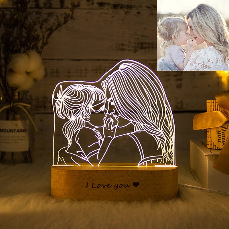Dropshipping Personalized Acrylic Lamp Customized Photo Text Night Light USB Wooden Base Wedding Mother's Day Party Gift