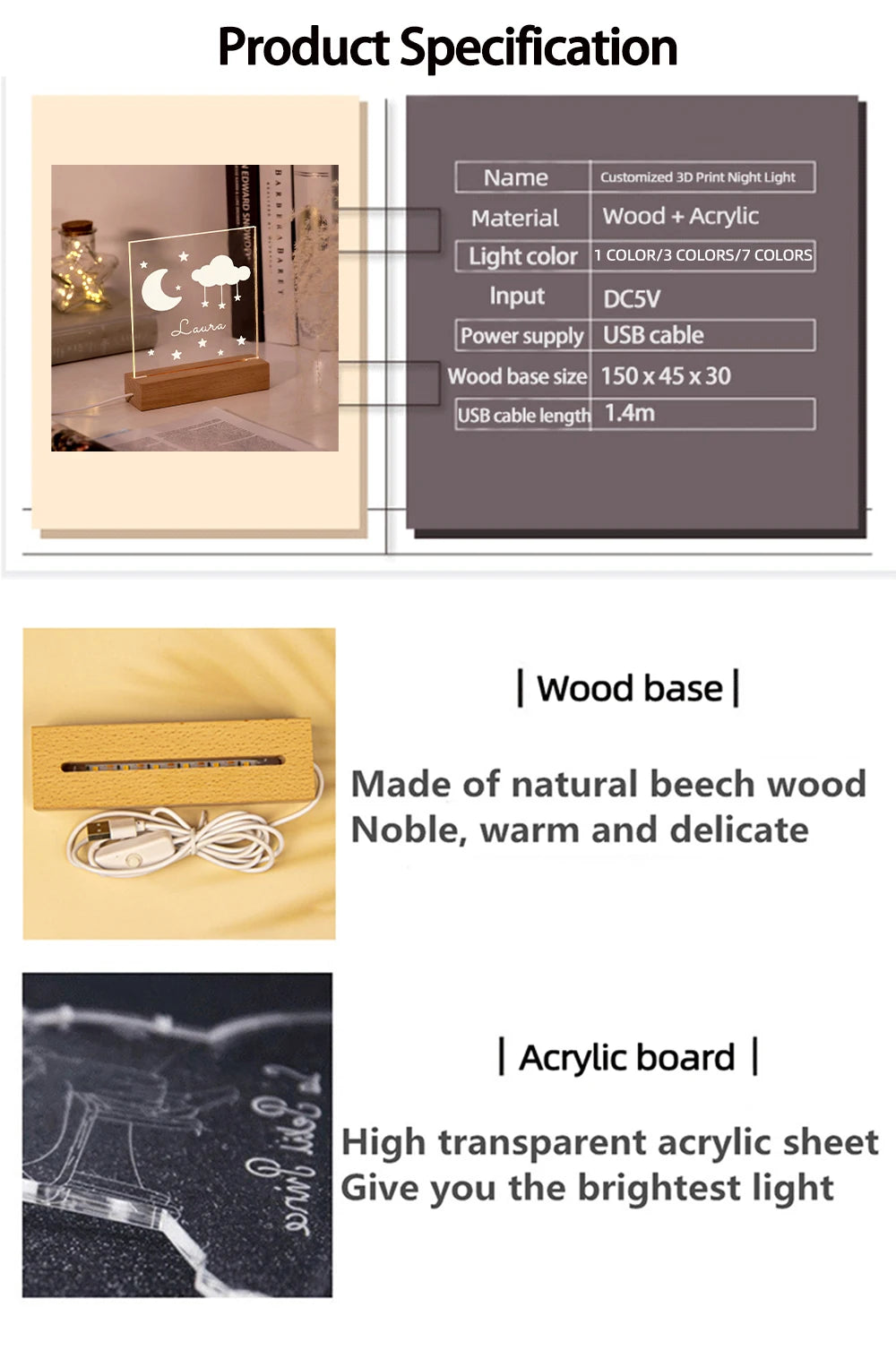Drop Shipping Personalized Nightlight USB LED Customized Name 3D Lamp Decoration Bedroom Toys Birthday For Baby Children Gift