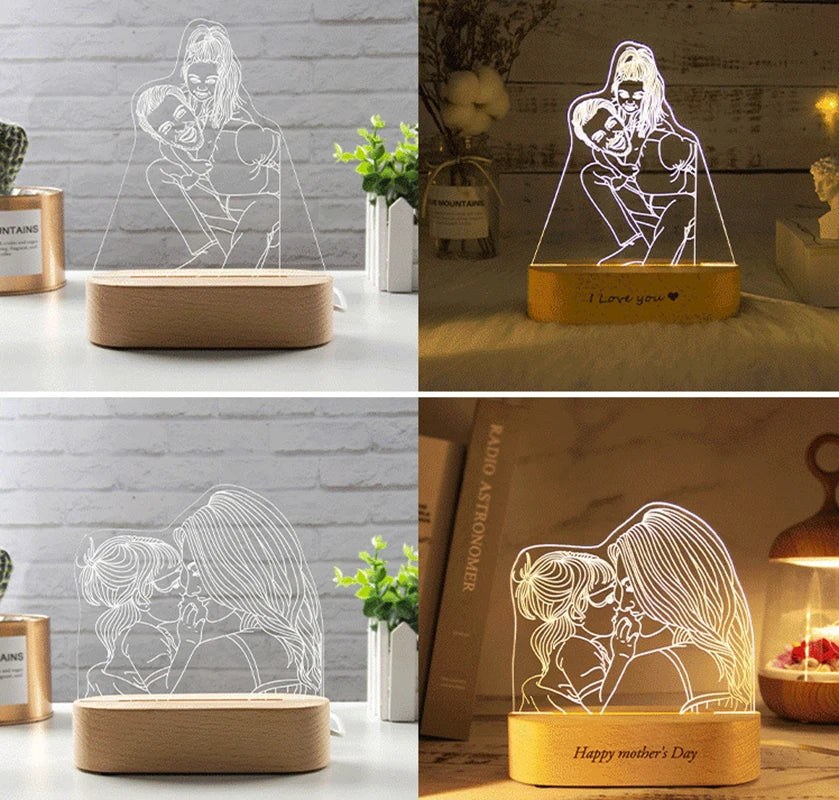 Dropshipping Personalized Acrylic Lamp Customized Photo Text Night Light USB Wooden Base Wedding Mother's Day Party Gift