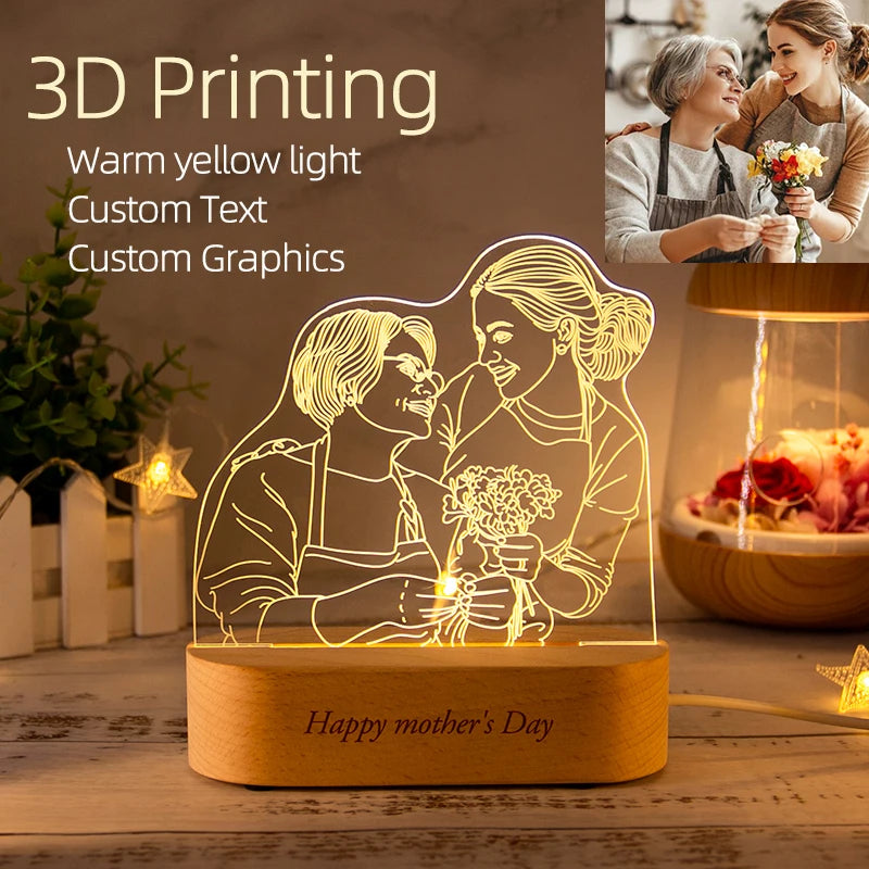 Dropshipping Personalized Acrylic Lamp Customized Photo Text Night Light USB Wooden Base Wedding Mother's Day Party Gift