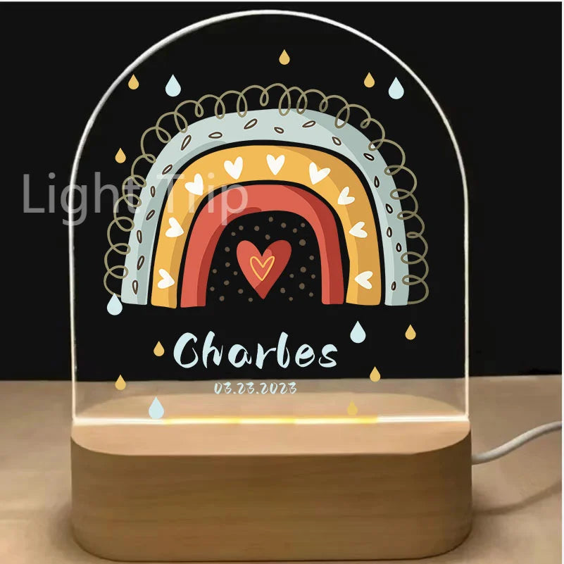 Personalized Baby Birth Night Light Custom Name Animal Rainbow with USB Wood Base Lamp for Bedroom Table Rainbow Decor