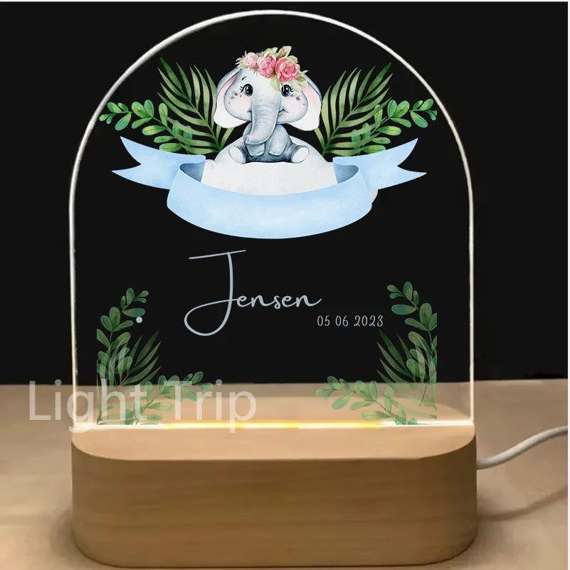 Personalized Baby Birth Night Light Custom Name Animal Rainbow with USB Wood Base Lamp for Bedroom Table Rainbow Decor