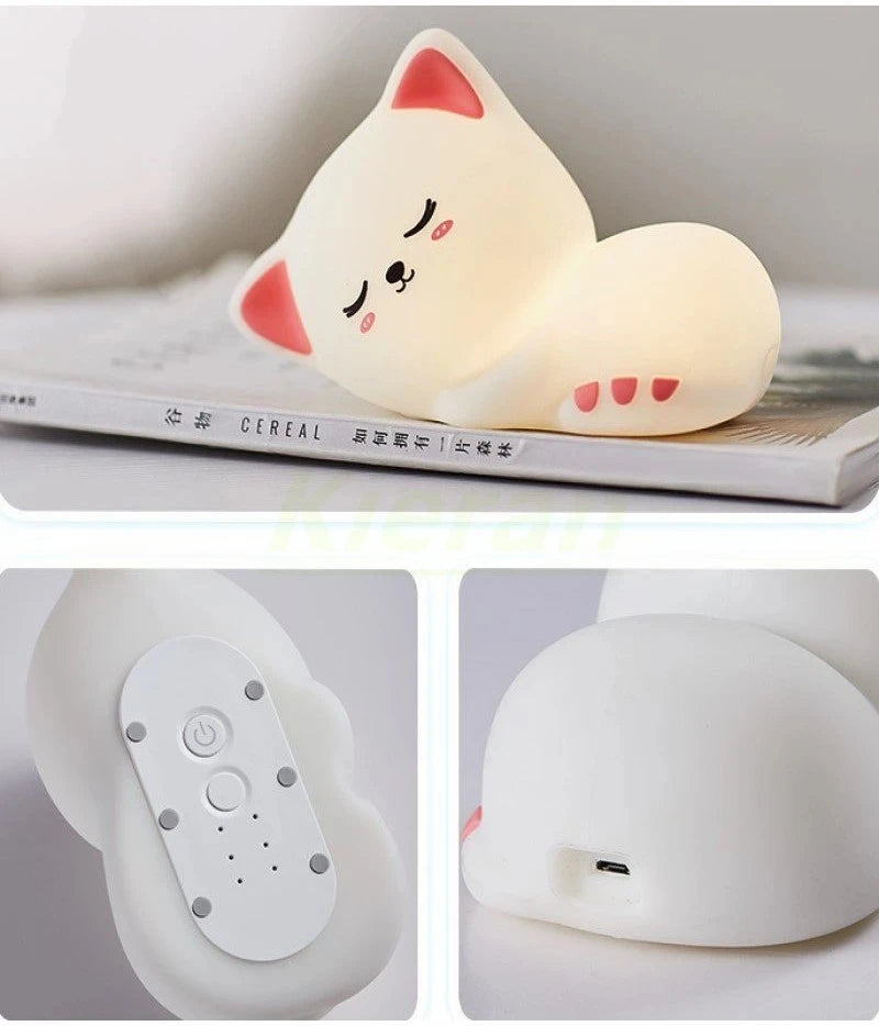 Soft Silicone Cat Seven Colors LED Night Lights USB Rechargeable Children Baby Kids Floor Lamp Creative Cartoon Room Decor Light