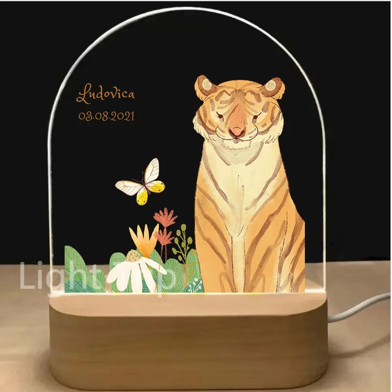 Personalized Baby Birth Night Light Custom Name Animal Rainbow with USB Wood Base Lamp for Bedroom Table Rainbow Decor