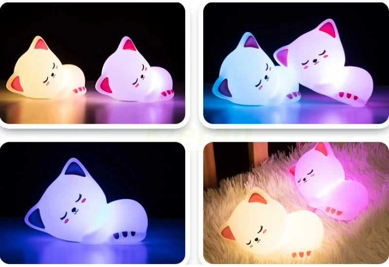 Soft Silicone Cat Seven Colors LED Night Lights USB Rechargeable Children Baby Kids Floor Lamp Creative Cartoon Room Decor Light