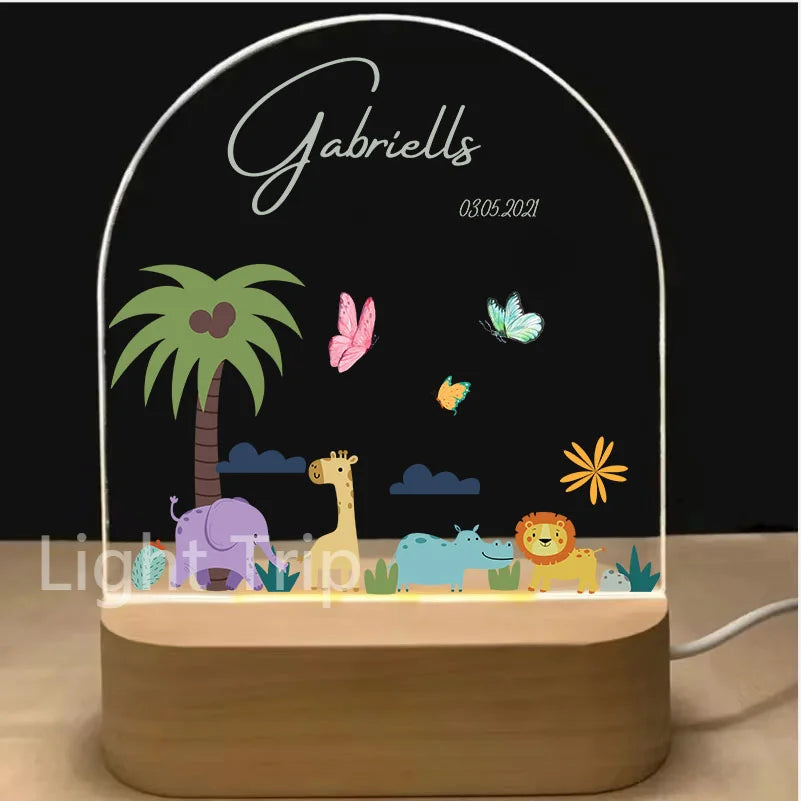 Personalized Baby Birth Night Light Custom Name Animal Rainbow with USB Wood Base Lamp for Bedroom Table Rainbow Decor