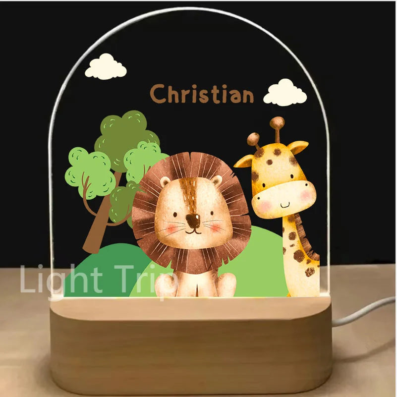 Personalized Baby Birth Night Light Custom Name Animal Rainbow with USB Wood Base Lamp for Bedroom Table Rainbow Decor