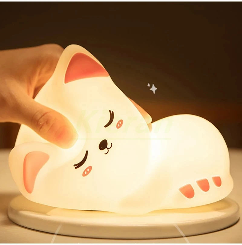 Soft Silicone Cat Seven Colors LED Night Lights USB Rechargeable Children Baby Kids Floor Lamp Creative Cartoon Room Decor Light
