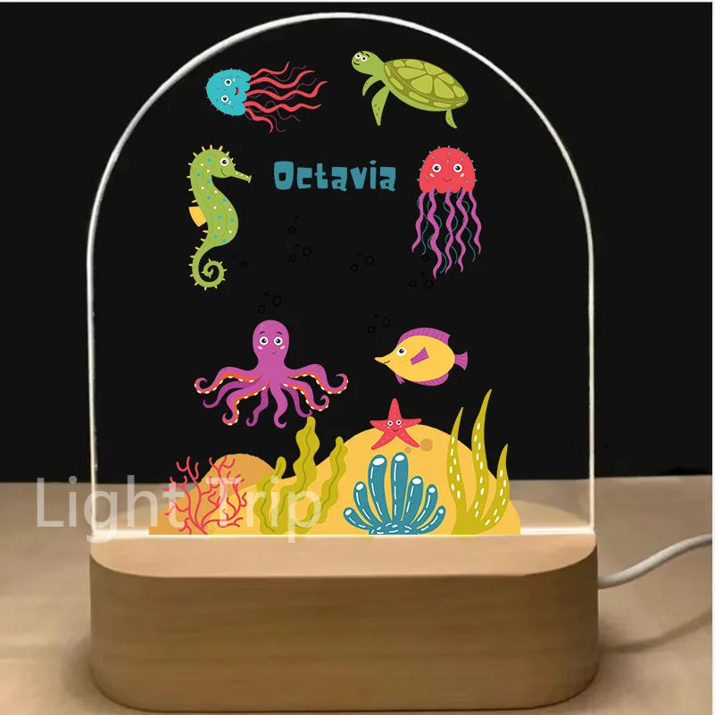 Personalized Baby Birth Night Light Custom Name Animal Rainbow with USB Wood Base Lamp for Bedroom Table Rainbow Decor
