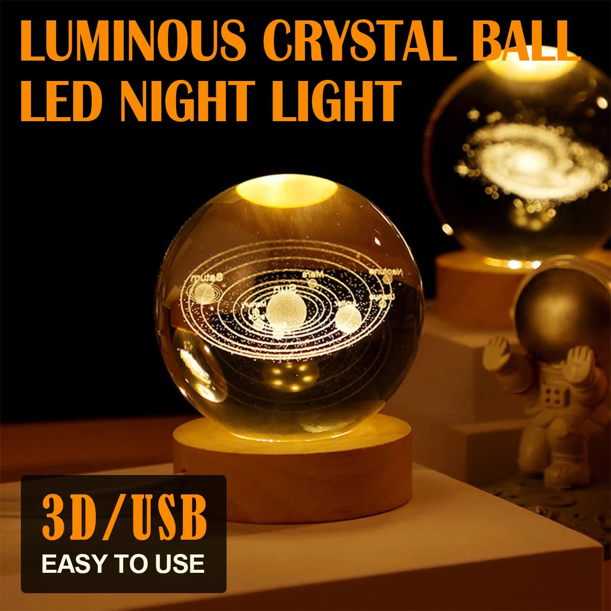 3D Crystal Ball Lamp 6CM Diameter USB Power Table Desk Lamps Moon Earth Planet Galaxy Night Light Xmas Gifts Home Bedroom Decor