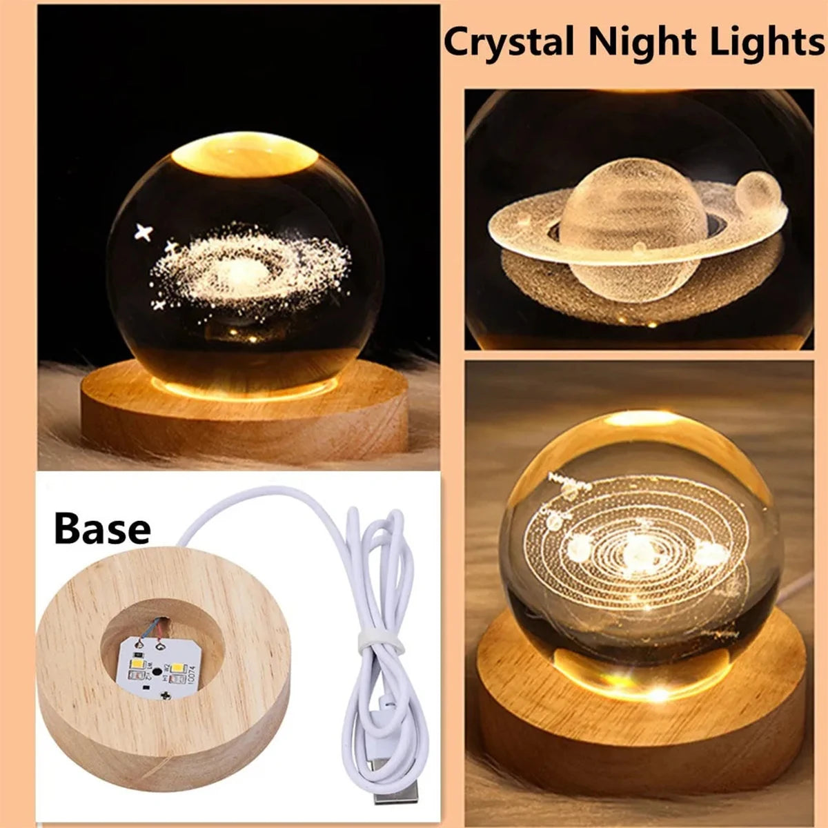3D Crystal Ball Lamp 6CM Diameter USB Power Table Desk Lamps Moon Earth Planet Galaxy Night Light Xmas Gifts Home Bedroom Decor