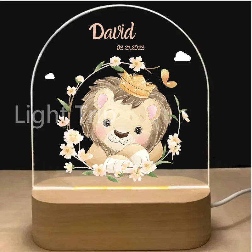 Personalized Baby Birth Night Light Custom Name Animal Rainbow with USB Wood Base Lamp for Bedroom Table Rainbow Decor
