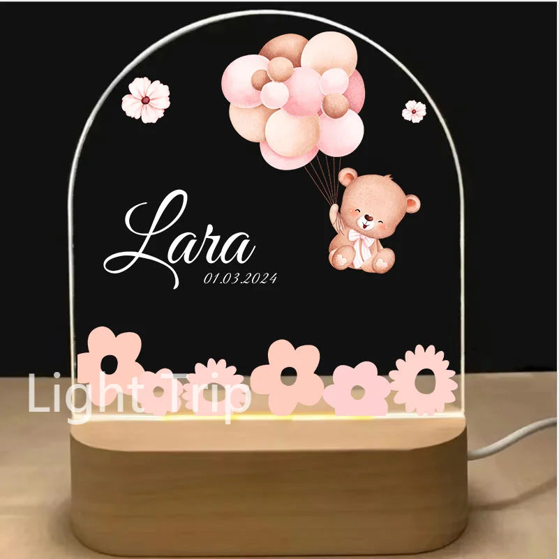 Personalized Baby Birth Night Light Custom Name Animal Rainbow with USB Wood Base Lamp for Bedroom Table Rainbow Decor
