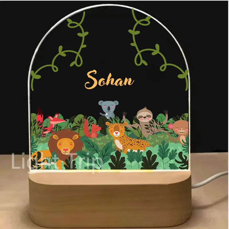 Personalized Baby Birth Night Light Custom Name Animal Rainbow with USB Wood Base Lamp for Bedroom Table Rainbow Decor