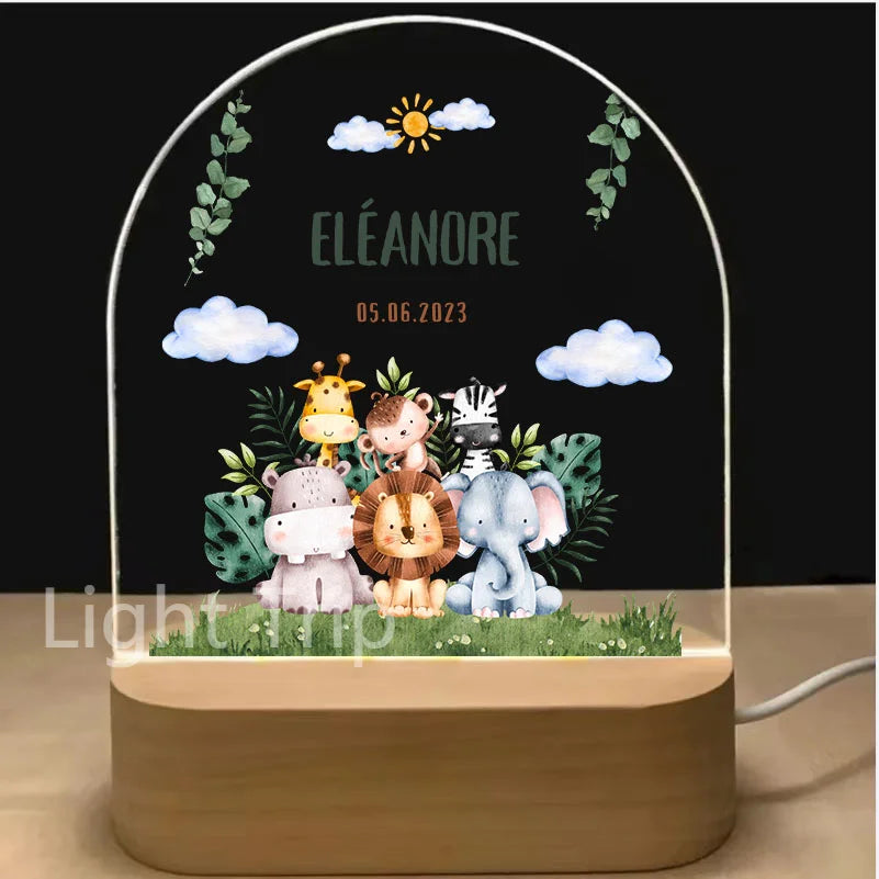 Personalized Baby Birth Night Light Custom Name Animal Rainbow with USB Wood Base Lamp for Bedroom Table Rainbow Decor