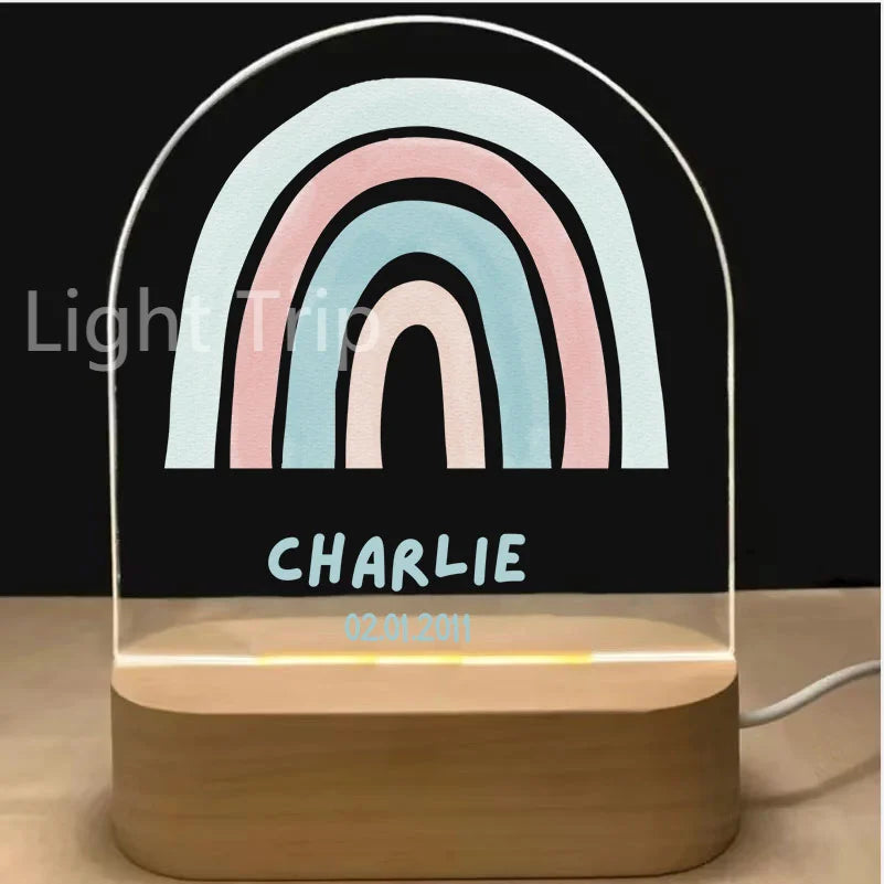 Personalized Baby Birth Night Light Custom Name Animal Rainbow with USB Wood Base Lamp for Bedroom Table Rainbow Decor