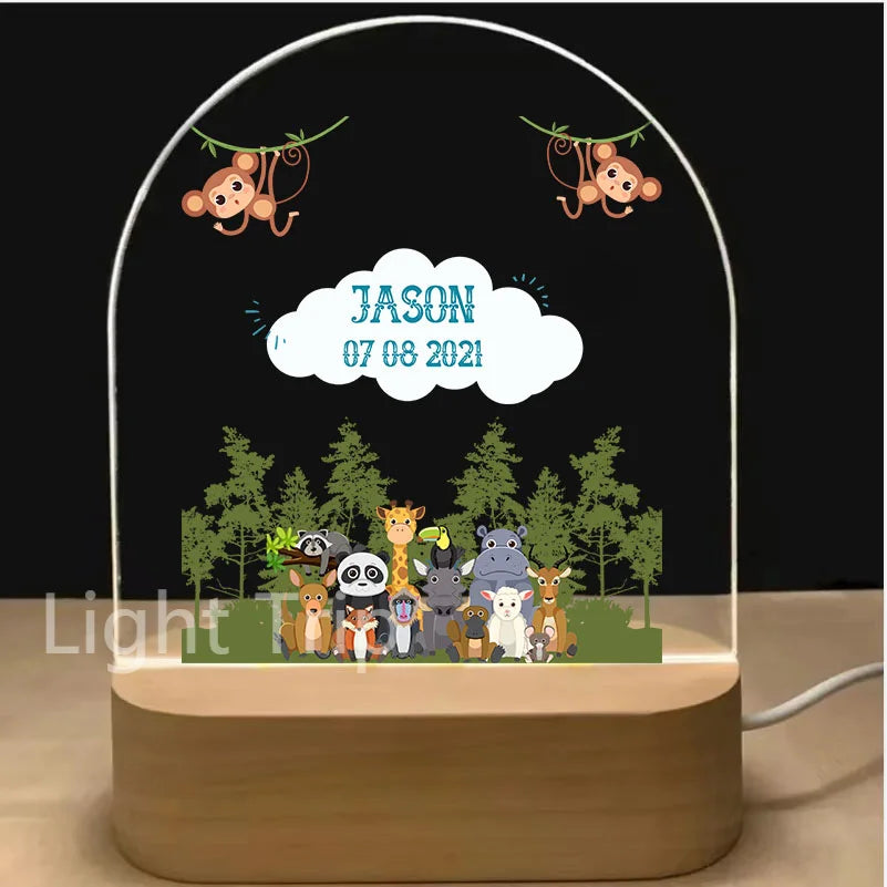 Personalized Baby Birth Night Light Custom Name Animal Rainbow with USB Wood Base Lamp for Bedroom Table Rainbow Decor