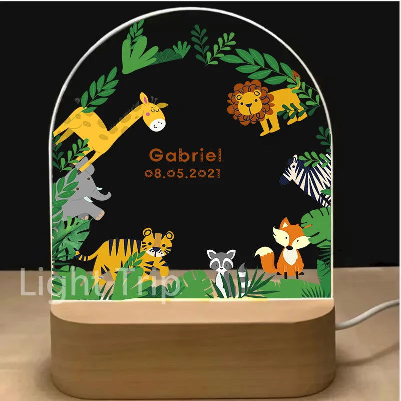 Personalized Baby Birth Night Light Custom Name Animal Rainbow with USB Wood Base Lamp for Bedroom Table Rainbow Decor