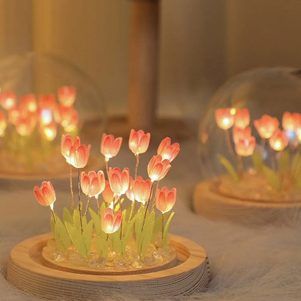 Artificial Tulip Flower Night Light Handmade DIY Bedside Lamp LED Night Lamp Bedroom Decor Christmas Birthday Gifts Table Lamp