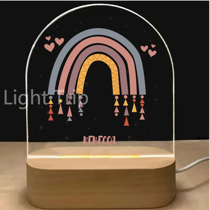 Personalized Baby Birth Night Light Custom Name Animal Rainbow with USB Wood Base Lamp for Bedroom Table Rainbow Decor