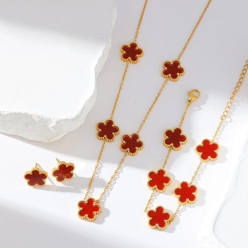 GANEMLY 316L Stainless Steel 4-Color Five Leaf Clover Flower Necklace Bracelet Earrings Set For Women New Waterproof Jewelry