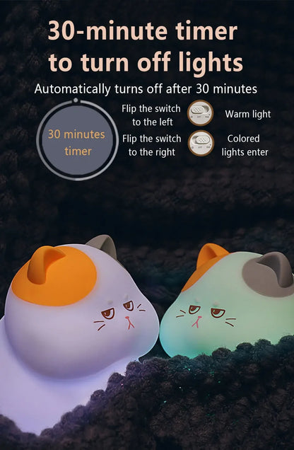 Gluttonous Cat Night Light Rechargeable Silicone Touch Patting Lamp Fun Cat and Fish Lamp Animal Light Bedside Desktop Decor