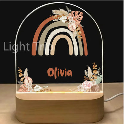 Personalized Baby Birth Night Light Custom Name Animal Rainbow with USB Wood Base Lamp for Bedroom Table Rainbow Decor