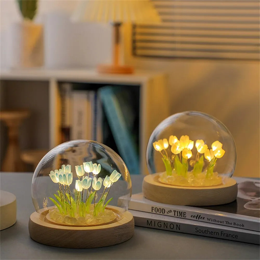 Artificial Tulip Flower Night Light Handmade DIY Bedside Lamp LED Night Lamp Bedroom Decor Christmas Birthday Gifts Table Lamp