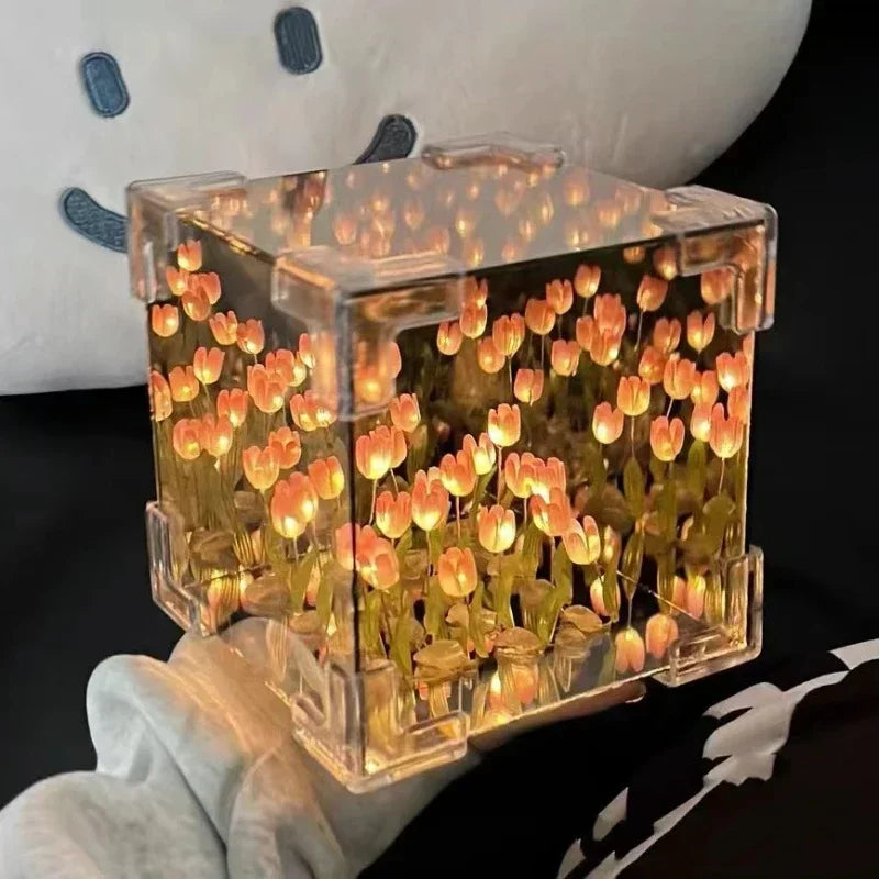 Creative Diy Tulip Flower Sea Cube Three-Dimensional Small Night Lamp Material Package for Girlfriend Couple Girlfriend Gift NEW