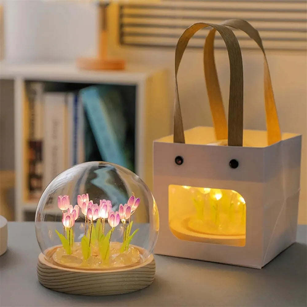 Artificial Tulip Flower Night Light Handmade DIY Bedside Lamp LED Night Lamp Bedroom Decor Christmas Birthday Gifts Table Lamp