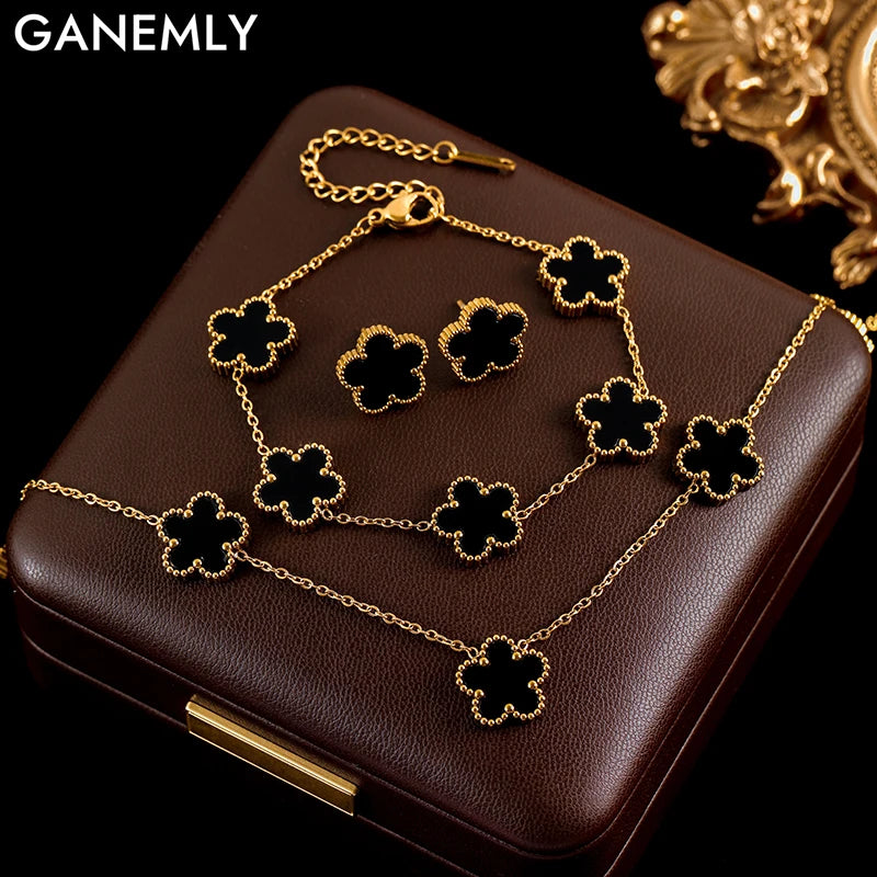 GANEMLY 316L Stainless Steel 4-Color Five Leaf Clover Flower Necklace Bracelet Earrings Set For Women New Waterproof Jewelry