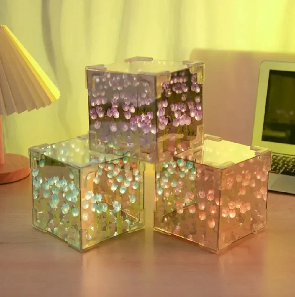 Creative Diy Tulip Flower Sea Cube Three-Dimensional Small Night Lamp Material Package for Girlfriend Couple Girlfriend Gift NEW