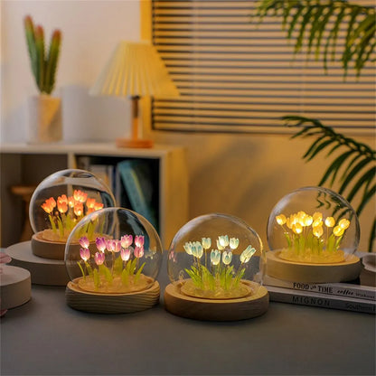 Artificial Tulip Flower Night Light Handmade DIY Bedside Lamp LED Night Lamp Bedroom Decor Christmas Birthday Gifts Table Lamp