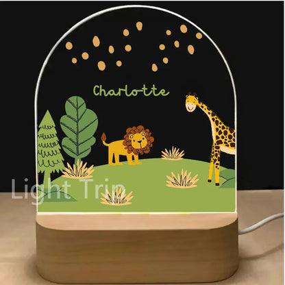 Personalized Baby Birth Night Light Custom Name Animal Rainbow with USB Wood Base Lamp for Bedroom Table Rainbow Decor