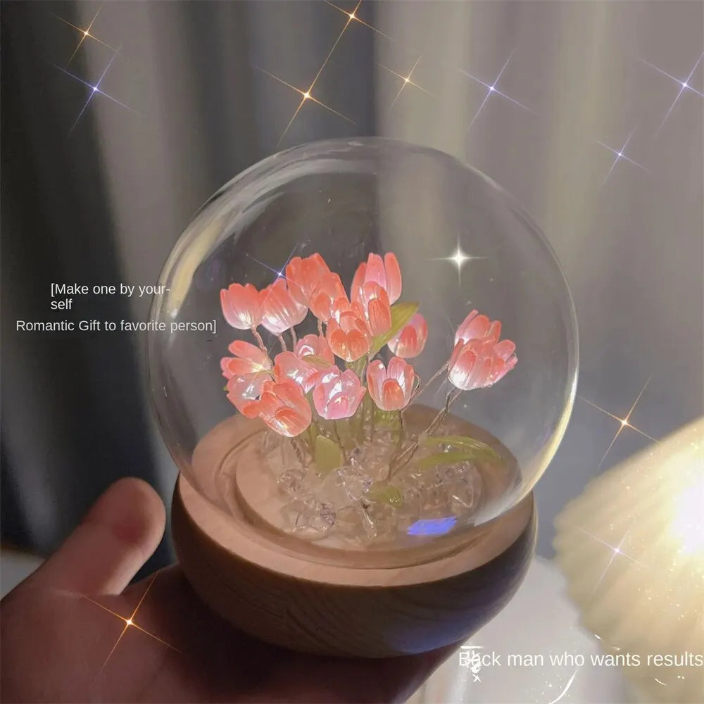 Artificial Tulip Flower Night Light Handmade DIY Bedside Lamp LED Night Lamp Bedroom Decor Christmas Birthday Gifts Table Lamp