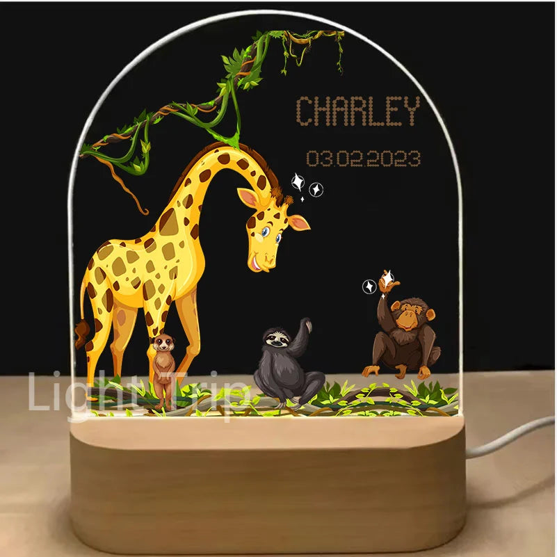 Personalized Baby Birth Night Light Custom Name Animal Rainbow with USB Wood Base Lamp for Bedroom Table Rainbow Decor