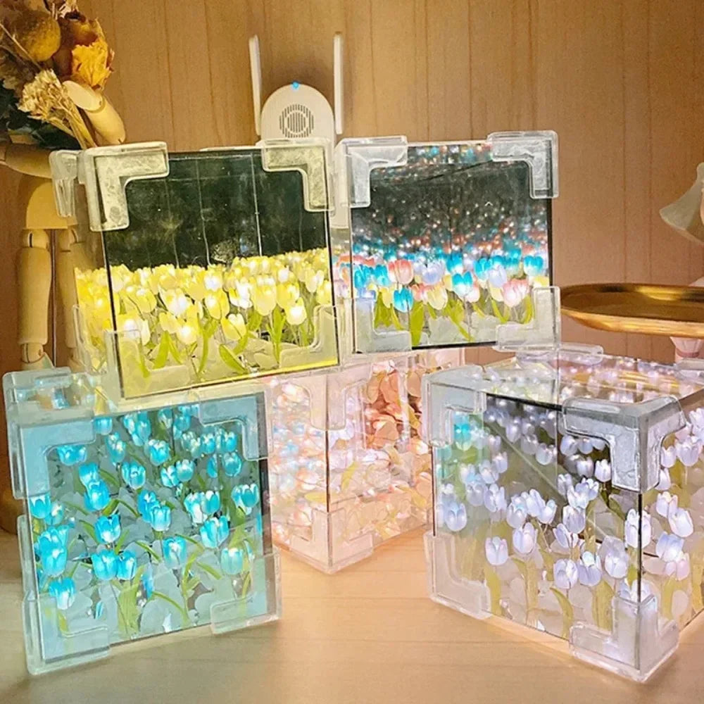 Creative Diy Tulip Flower Sea Cube Three-Dimensional Small Night Lamp Material Package for Girlfriend Couple Girlfriend Gift NEW