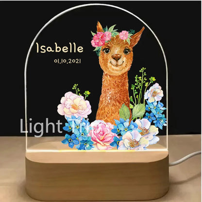 Personalized Baby Birth Night Light Custom Name Animal Rainbow with USB Wood Base Lamp for Bedroom Table Rainbow Decor