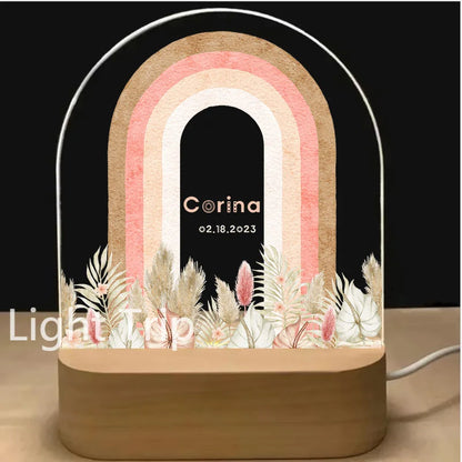 Personalized Baby Birth Night Light Custom Name Animal Rainbow with USB Wood Base Lamp for Bedroom Table Rainbow Decor