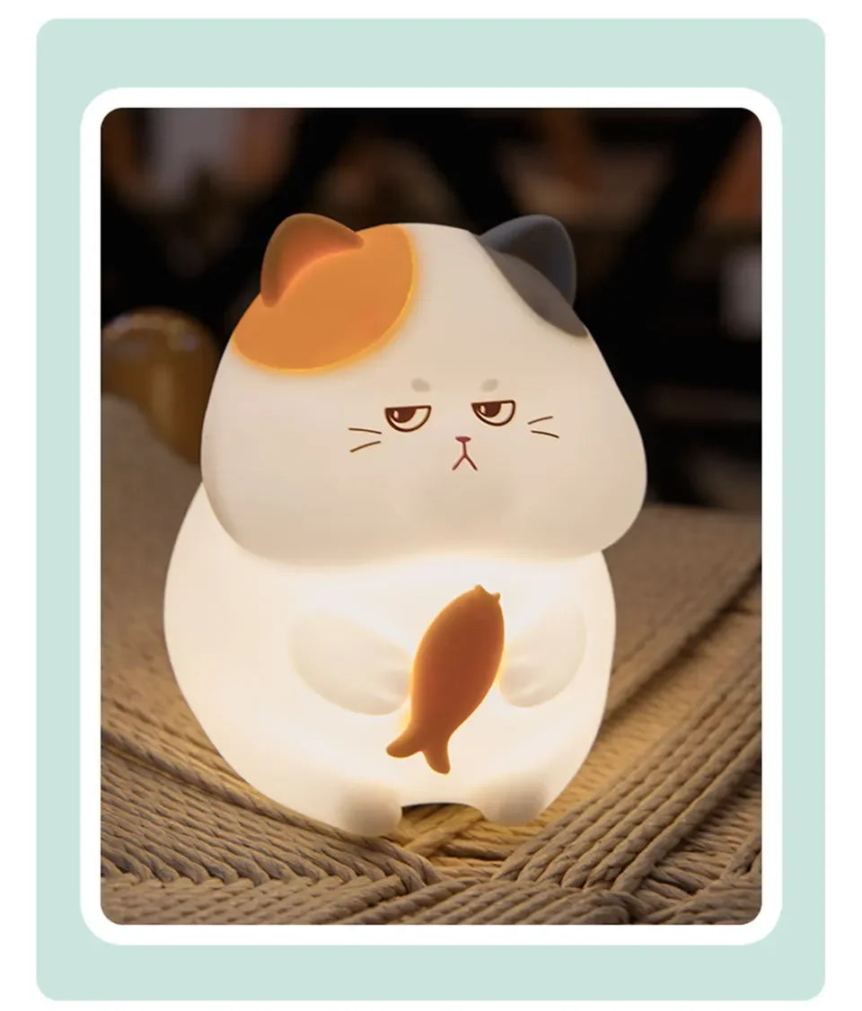 Gluttonous Cat Night Light Rechargeable Silicone Touch Patting Lamp Fun Cat and Fish Lamp Animal Light Bedside Desktop Decor