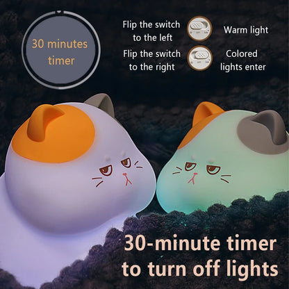 Gluttonous Cat Night Light Rechargeable Silicone Touch Patting Lamp Fun Cat and Fish Lamp Animal Light Bedside Desktop Decor