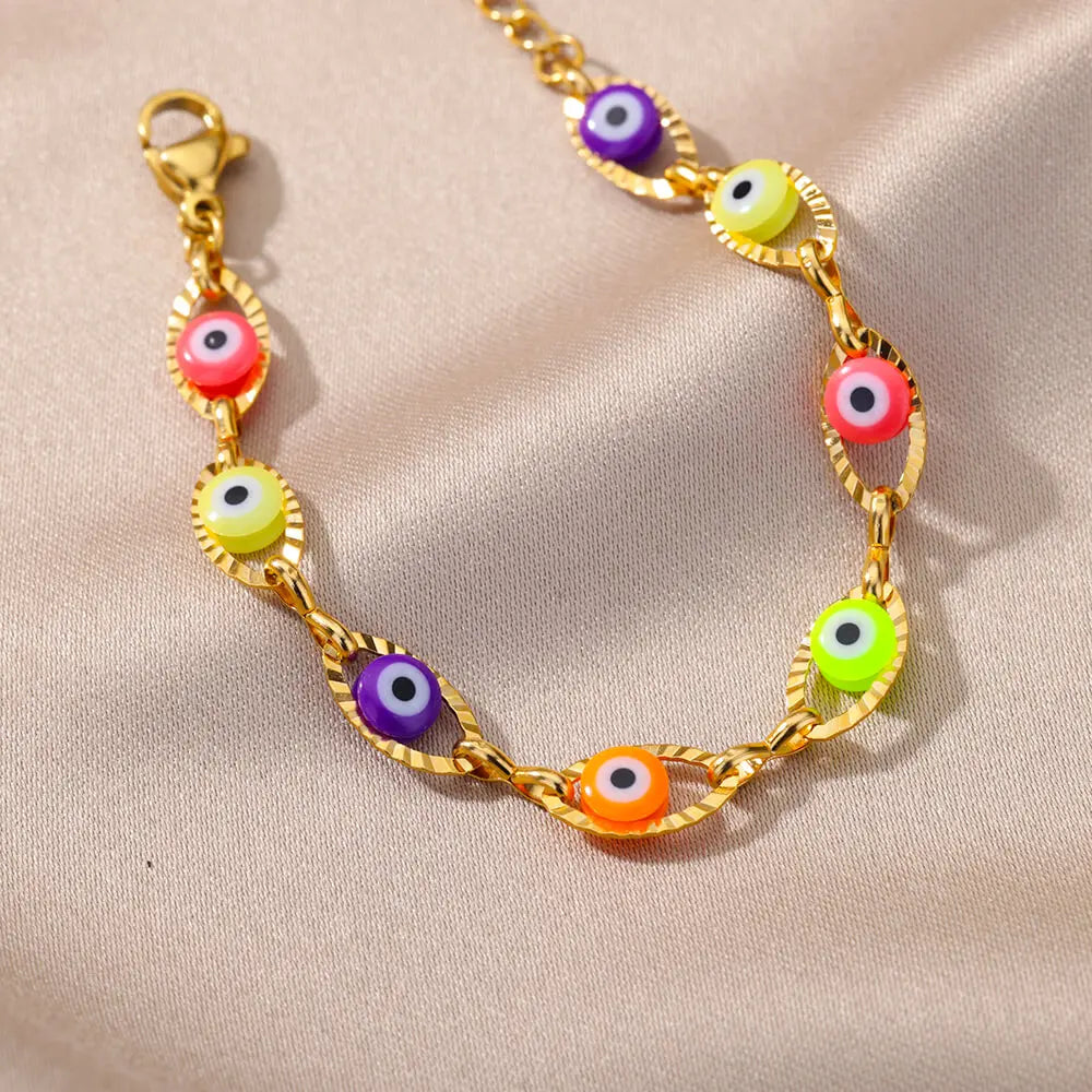 Gothic Rainbow Evil Eye Bracelets For Women Stainless Steel Gold Color Turkish Demon Chain Charm Bracelet Summer Beach Jewelry