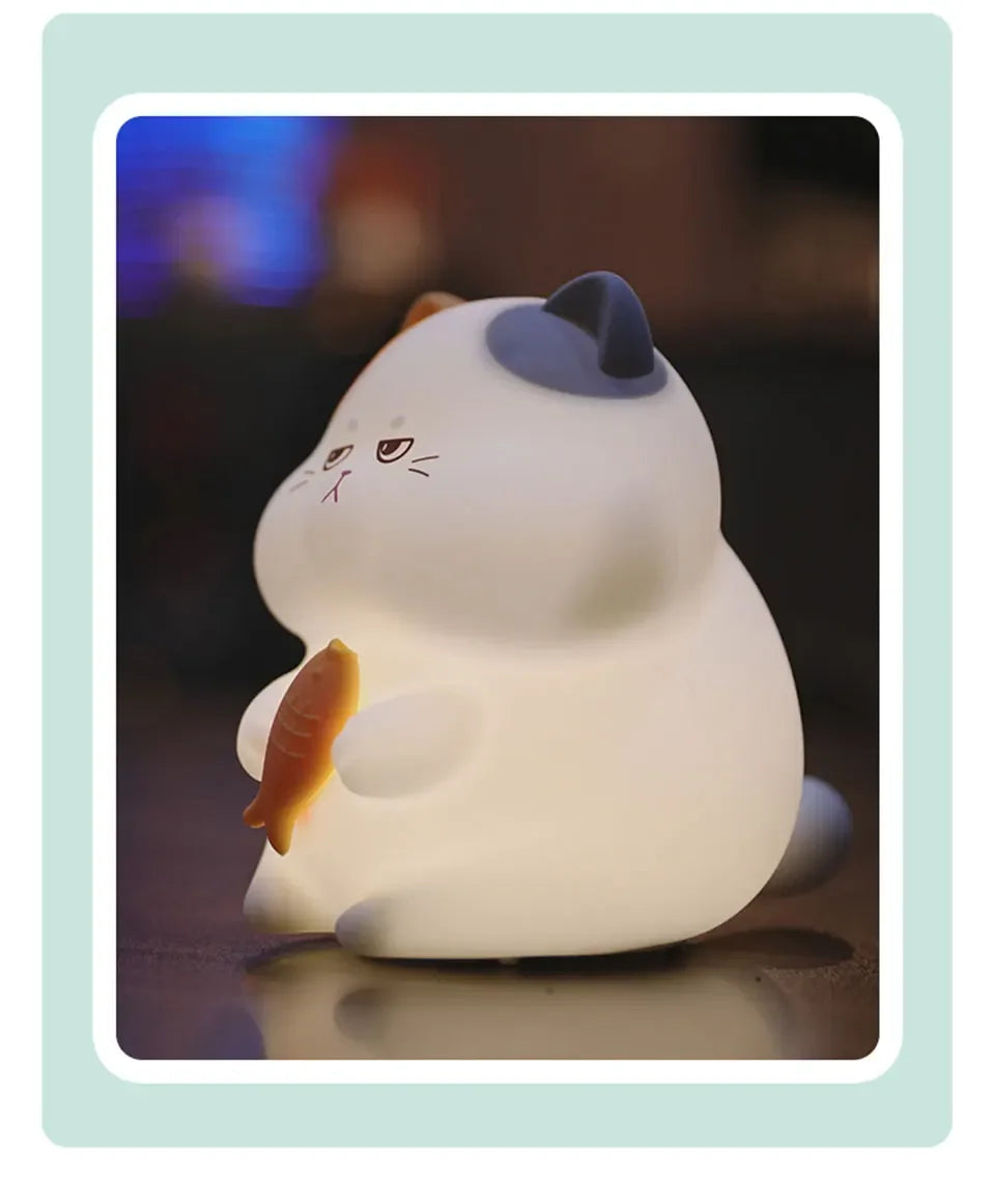 Gluttonous Cat Night Light Rechargeable Silicone Touch Patting Lamp Fun Cat and Fish Lamp Animal Light Bedside Desktop Decor