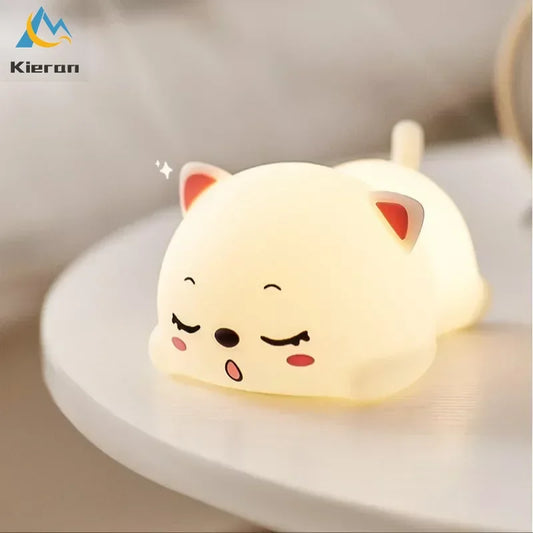 Lovely Cat USB Rechargeable Silicone LED Night Light Bedroom Bedside Floor Lamp with Remote for Kids Baby Gift Touch Sensor Lamp