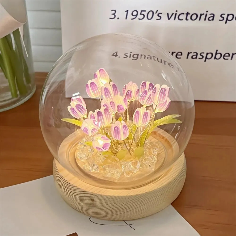 Artificial Tulip Flower Night Light Handmade DIY Bedside Lamp LED Night Lamp Bedroom Decor Christmas Birthday Gifts Table Lamp