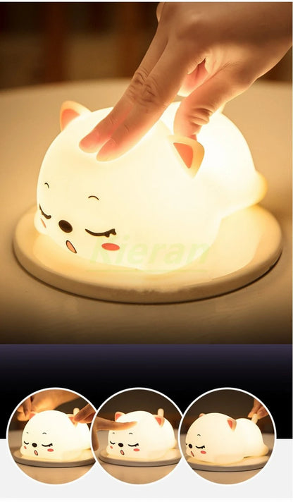 Lovely Cat USB Rechargeable Silicone LED Night Light Bedroom Bedside Floor Lamp with Remote for Kids Baby Gift Touch Sensor Lamp