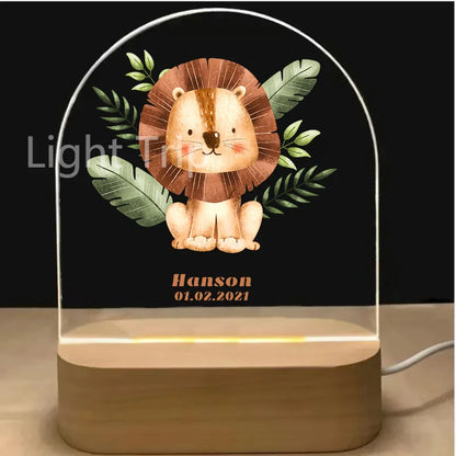 Personalized Baby Birth Night Light Custom Name Animal Rainbow with USB Wood Base Lamp for Bedroom Table Rainbow Decor