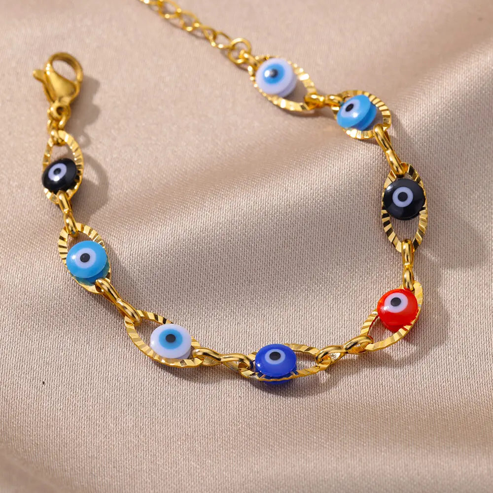 Gothic Rainbow Evil Eye Bracelets For Women Stainless Steel Gold Color Turkish Demon Chain Charm Bracelet Summer Beach Jewelry