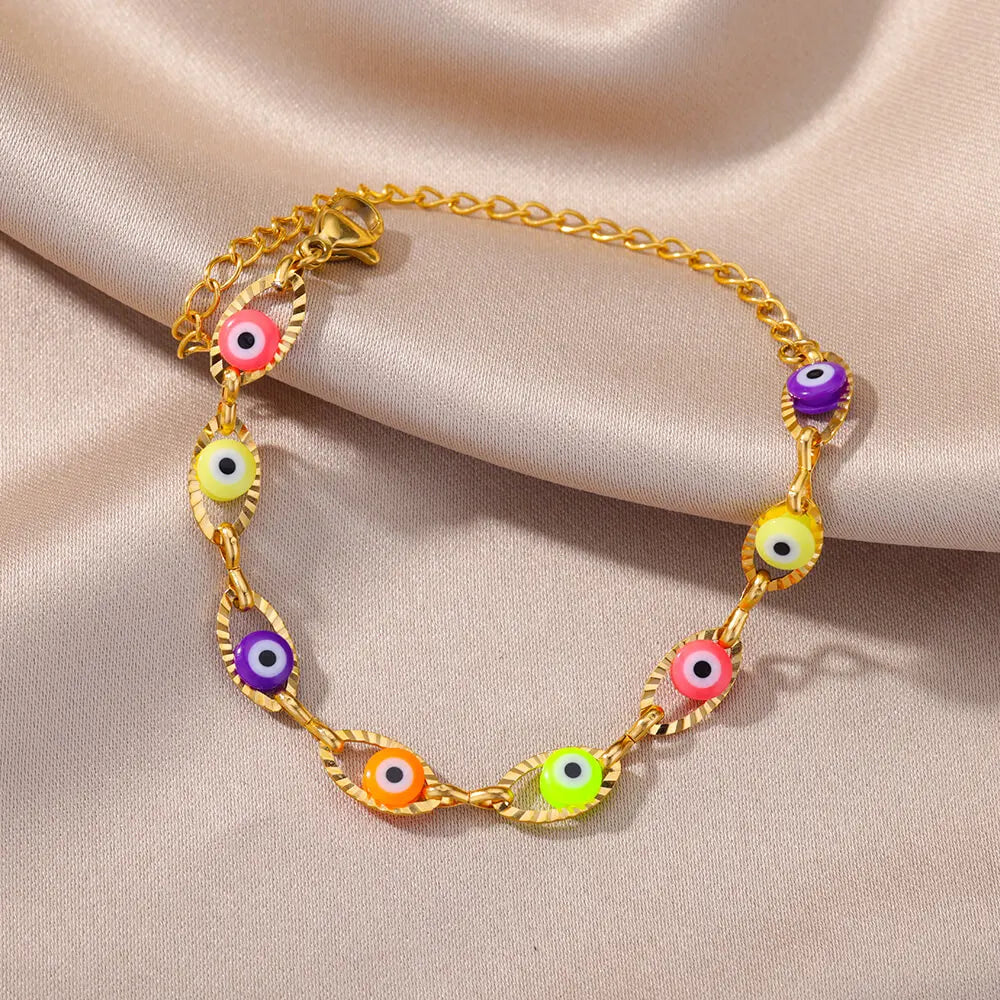 Gothic Rainbow Evil Eye Bracelets For Women Stainless Steel Gold Color Turkish Demon Chain Charm Bracelet Summer Beach Jewelry